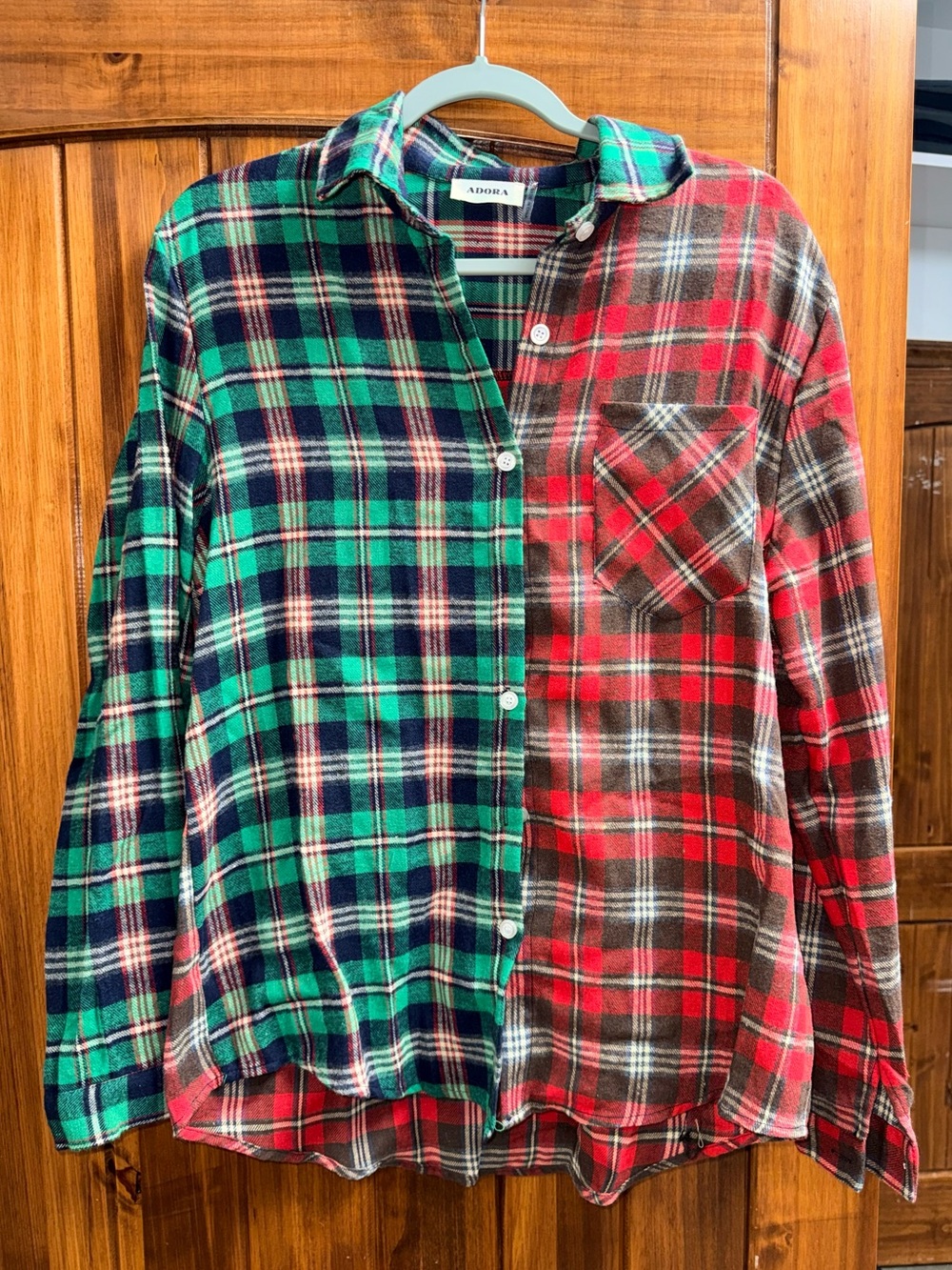 ADORA Split Plaid Button-Down Shirt in Green & Red